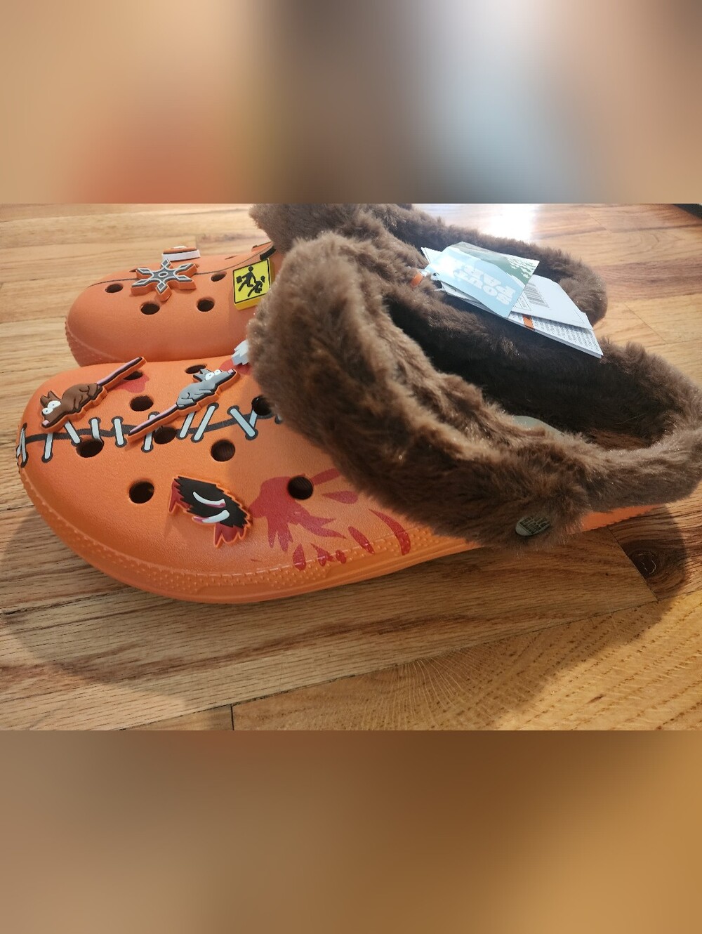 CROCS. South Park Kenny. Orange Fuzzy Lined Slip-On Clogs with Novelty Charms
